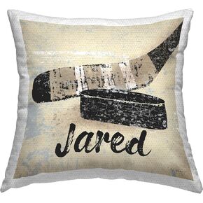 Stupell Industries Hockey Puck & Stick Outdoor Printed Throw Pillow, 18 x 18, Beige