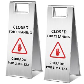 2 Pcs Closed for Cleaning Sign Stainless Steel 8.8 Pound 24 Inch Bilingual Floor Sign Double Sided Portable Handle Restroom Bathroom Warning Signs Business Supplies for Janitor Housekeeping