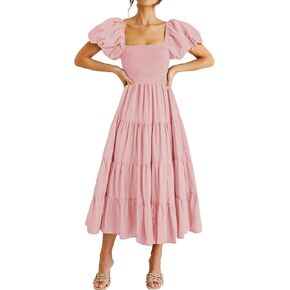 Murimia Women’s 2023 Summer Maxi Dress Square Neck Puff Sleeve Smocked Boho Beach Long Dresses
