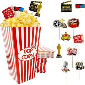 SNAIL GARDEN 30Pcs 46oz Popcorn Boxes, With 20Pcs Movie Snack Decoration Cupcake Toppers, Red/White Food Container,Disposable Durable Paper Boxex For Hollywood Theme Baby Shower Kids Birthday Party