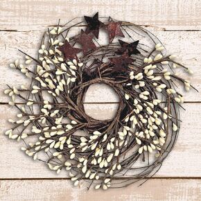 BCD Pip & Twig Wreath Rusty Stars Ivory Berries Country Primitive Floral Décor