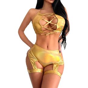 مجموعة الملابس الداخلية للسيدات من Rave Outfits للنساء، مجموعة ملابس داخلية قصيرة مجوفة معدنية لامعة وسروال قصير للحفلات والنوادي والمهرجانات الموسيقية