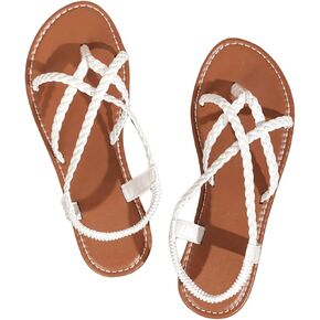 GORGLITTER Women's Braided Detail Flat Sandals Open Toe Thong Sandals Criss Cross Backstrap Elegant Slides