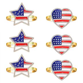 4th of July Napkin Rings Set of 6 Rhinestone American Flag Stars Napkin Holder Rings Patriotic Napkins Independence Day Festive Party Dinner Table Decorations