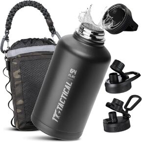 64 oz Water Bottle with Straw - Half Gallon Insulated Water Bottle Stainless Steel Water Jug, Leakproof Sport Bottle with 3 BPA-Free Lids & MOLLE Pouch and Strap for Travel Camping Hiking