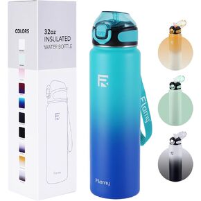 32 oz Insulated Water Bottle with Straw, Stainless Steel Metal Thermos Bottles, Durable Non-Slip Gradient Bottle with Strap for Sports and Travel, Leak Proof (Green Blue)
