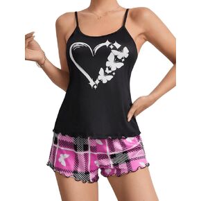 OYOANGLE Women's 2 Piece Pajama Set Loungewear PJ Set Pajama Set for Women Short Print Cami PJS Set