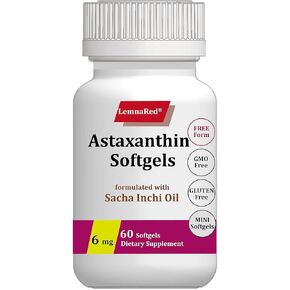 Free-form Astaxanthin 6mg Softgel-60 Softgels Dietary Supplement Strongest Antioxidant Immune Supports Supports Eye,Joint & Skin Health Formulated with Sacha Inchi Oil
