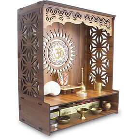 Heartily® Shree Beautiful Wooden Pooja Stand for Home/Mandir for Home/Temple for Home and Office/Puja Mandir for Home and Office Wall with LED Spot Light/Product (H- 18, L- 16, W-8.75 Inch)