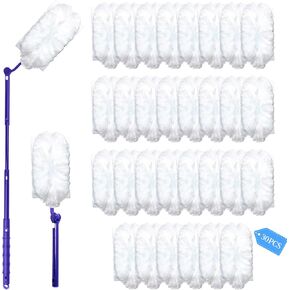 30PCS Duster Refills Compatible with Swiffer, Microfiber Fluffy Dusters Refills with Extender Handle and 270° Short Handle, Disposable Heavy Duty Electrostatic Duster for Home and Car Cleaning