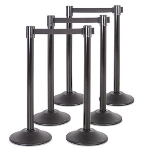 US Weight Black Heavy Duty Premium Steel Stanchion with Black 7.5-Foot Retractable Belt, 6 pack