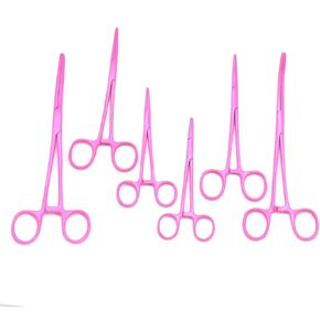 6 Piece Curved & Straight (8", 6.25" and 5") Pink Coated Hemostat Set, Stainless Steel Locking Tweezer Clamps - Ideal Hemostats for Nurses, Fishing Forceps, Crafts and Hobby