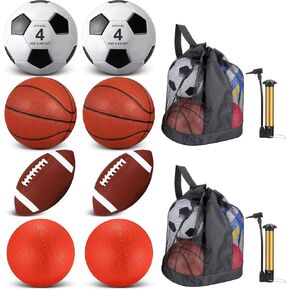 Liliful 8 Pcs Sport Balls Set for Kids Teens, Include Size 5 Basketball Size 4 Soccer Size 6 Football and Pump Playground Ball Sports Equipment Net Bag for Youth Younger Practice Game Gift