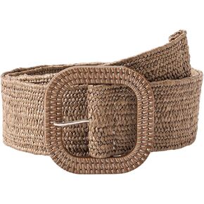 Verdusa Women's Square Buckle Elastic Straw Belts Woven Wide Waist Boho Waist Belt