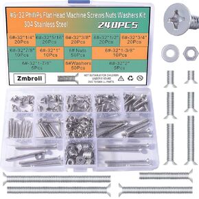 #6-32 240Pcs Flat Countersunk Head Phillips Cross Screw 304 Stainless Steel Fasteners Bolts and Hex Nuts Kit Phillips Drive Full Thread Extra Long Outlet and Device Mounting Screws