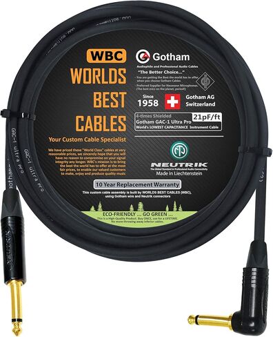 15 قدم - Gotham GAC-1 Ultra Pro - كابل أداة جيتار باس ممتاز منخفض الغطاء (21 pf/F) - مع موصلات TS ذهبية مستقيمة إلى زاوية ¼ بوصة (6.35 مم) - مصنوع خصيصًا من أفضل الكابلات في العالم in Saudi Arabia