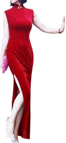 فستان شيونغسام نسائي بأكمام قصيرة وفتحة جانبية مزين بالزهور من تشيباو بقصة ضيقة وياقة الماندرين الصينية in Kuwait