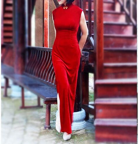 فستان شيونغسام نسائي بأكمام قصيرة وفتحة جانبية مزين بالزهور من تشيباو بقصة ضيقة وياقة الماندرين الصينية in Kuwait