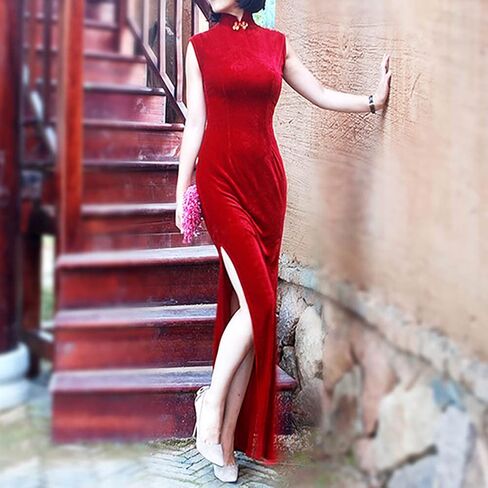 فستان شيونغسام نسائي بأكمام قصيرة وفتحة جانبية مزين بالزهور من تشيباو بقصة ضيقة وياقة الماندرين الصينية in Kuwait