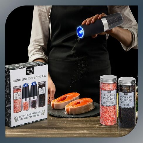 Gravity Electric Salt and Pepper Grinder Gift Set With Black Peppercorns, Himalayan Pink Salt, Adjustable Grind - House Warming Gifts Unique Kitchen Gadget Dad Mom Gifts Christmas Gift Box Mothers Day in Kuwait