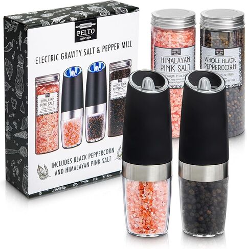 Gravity Electric Salt and Pepper Grinder Gift Set With Black Peppercorns, Himalayan Pink Salt, Adjustable Grind - House Warming Gifts Unique Kitchen Gadget Dad Mom Gifts Christmas Gift Box Mothers Day in Kuwait