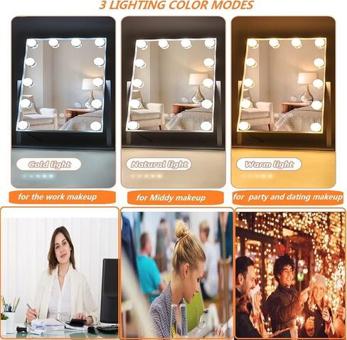 مرآة الغرور LED مع أضواء مرآة مكياج هوليوود المضيئة للمكتب، مرآة ذكية مضاءة مع أضواء تعمل باللمس، مرآة مكياج شخصية قابلة للتعتيم بثلاثة ألوان مع 12 لمبة لغرفة النوم تدور 360 درجة in Kuwait