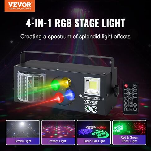 VEVOR Stage Lights, 4 in 1 RGB Party Lights, LED Pattern Strobe Light, Mixed Lighting Effects Sound Activated with Red & Green Effect Light for DJ Club Disco Party Wedding Birthday Christmas in Saudi Arabia
