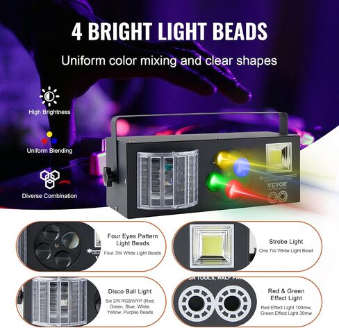 VEVOR Stage Lights, 4 in 1 RGB Party Lights, LED Pattern Strobe Light, Mixed Lighting Effects Sound Activated with Red & Green Effect Light for DJ Club Disco Party Wedding Birthday Christmas in Saudi Arabia