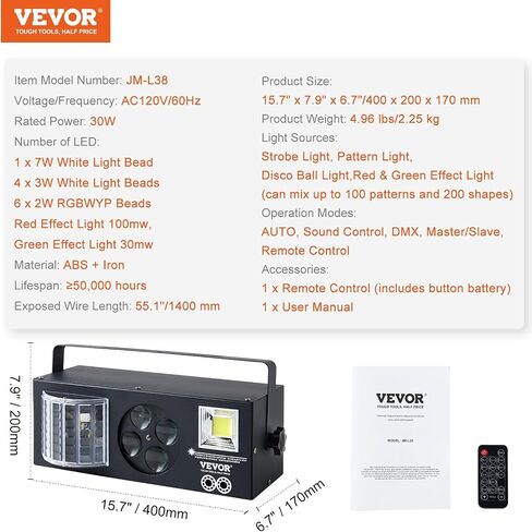 VEVOR Stage Lights, 4 in 1 RGB Party Lights, LED Pattern Strobe Light, Mixed Lighting Effects Sound Activated with Red & Green Effect Light for DJ Club Disco Party Wedding Birthday Christmas in Saudi Arabia