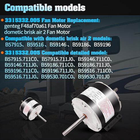 3315332.005 محرك مروحة تيار متردد، بديل محرك مروحة genteq F48AF70A61، متوافق مع Dometic Brisk Air II، 1/4 حصان، 115 فولت، 3.3 أمبير، 1585 دورة في الدقيقة، 3 سرعات OEM 3315332.005 محرك مروحة RV in Kuwait