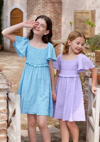 BesserBay Summer Girls Square Neck Smocked Short Sleeve Solid Midi Dress 5-14 Years in Saudi Arabia