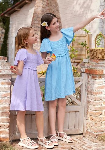 BesserBay Summer Girls Square Neck Smocked Short Sleeve Solid Midi Dress 5-14 Years in Saudi Arabia