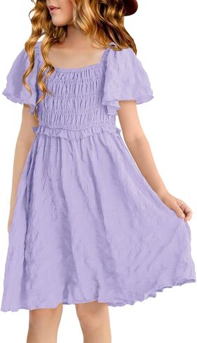 BesserBay Summer Girls Square Neck Smocked Short Sleeve Solid Midi Dress 5-14 Years in Saudi Arabia