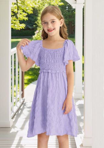 BesserBay Summer Girls Square Neck Smocked Short Sleeve Solid Midi Dress 5-14 Years in Saudi Arabia