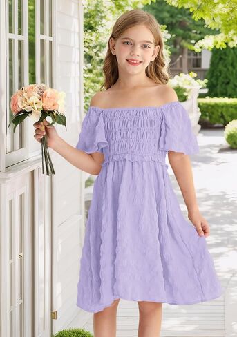 BesserBay Summer Girls Square Neck Smocked Short Sleeve Solid Midi Dress 5-14 Years in Saudi Arabia