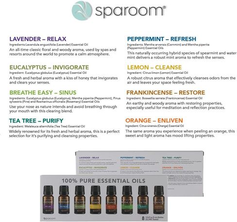 SpaRoom 100% Pure Essential Oils Set; Perfect for Aromatherapy, Diffusers, Humidifiers and Home Care, Gift Set of 8 in Saudi Arabia