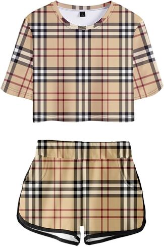 Women's Girls' Argyle Plaid Crop Top T-shirt and Shorts Tracksuit Two Pieces Sets Outfits in Saudi Arabia