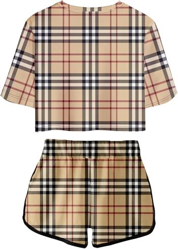 Women's Girls' Argyle Plaid Crop Top T-shirt and Shorts Tracksuit Two Pieces Sets Outfits in Saudi Arabia