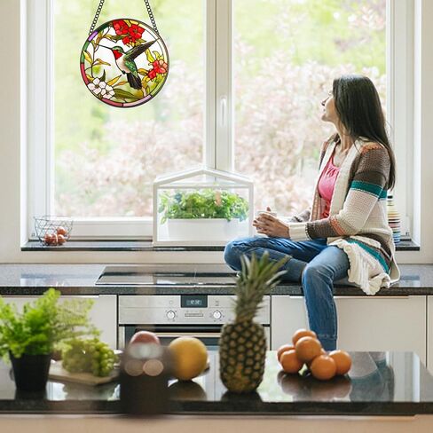 MATIHAY Hummingbird Stained Acrylic Window Hanging - Hummingbird Wall Decor for Cafe Home Decor Bird Lover Gift for Mom, Grandma, Wife, Teacher (8 Inch) in Saudi Arabia