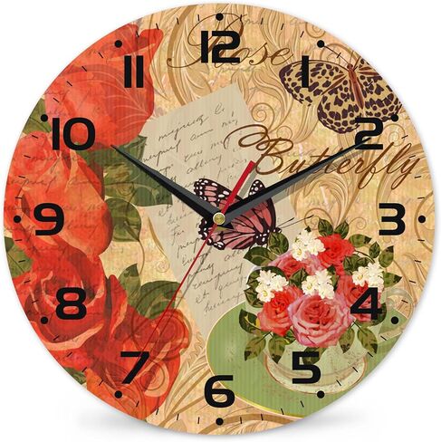 Wall Clock, Vintage Rose and Butterfly Wall Clock, Contemporary Home Decor Easy to Read Wall Clock for Living Room, Bedroom, Bathroom and Kitchen, 10 Inch in Saudi Arabia