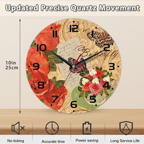 Wall Clock, Vintage Rose and Butterfly Wall Clock, Contemporary Home Decor Easy to Read Wall Clock for Living Room, Bedroom, Bathroom and Kitchen, 10 Inch in Saudi Arabia