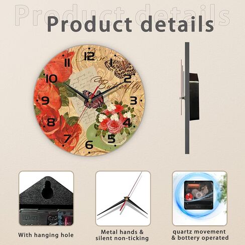 Wall Clock, Vintage Rose and Butterfly Wall Clock, Contemporary Home Decor Easy to Read Wall Clock for Living Room, Bedroom, Bathroom and Kitchen, 10 Inch in Saudi Arabia