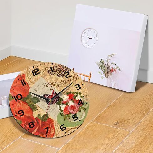 Wall Clock, Vintage Rose and Butterfly Wall Clock, Contemporary Home Decor Easy to Read Wall Clock for Living Room, Bedroom, Bathroom and Kitchen, 10 Inch in Saudi Arabia