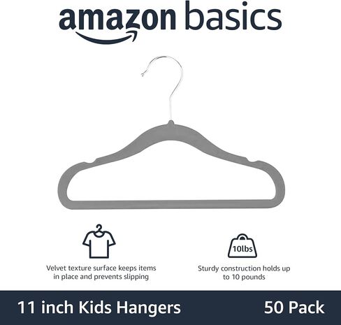 Amazon Basics Kids Velvet, Non-Slip Clothes Hangers for Infant and Toddler, 11.6 Inches (for baby clothes), Pack of 50, Gray in Kuwait