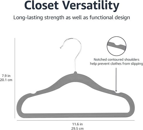 Amazon Basics Kids Velvet, Non-Slip Clothes Hangers for Infant and Toddler, 11.6 Inches (for baby clothes), Pack of 50, Gray in Kuwait