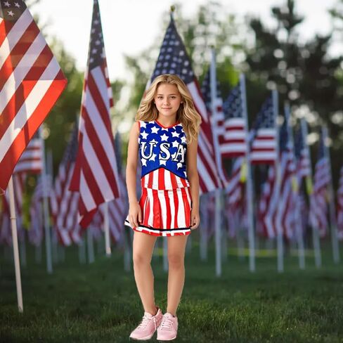 زي Yolsun Cheerleader للفتيات للهالوين زي العلم الأمريكي اللطيف، فستان عيد الاستقلال للأطفال in Kuwait