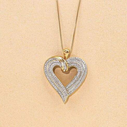 Jewelili Heart Necklace Pendant with Natural White Round and Baguette Diamonds 1/2 Cttw in 10K White or Yellow Gold 18" Box Chain in Saudi Arabia