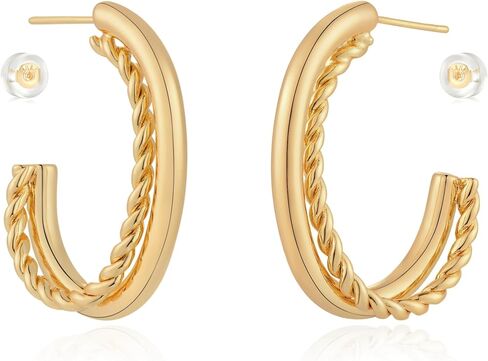 Chunky Open Hoop Earrings for Women 14K Gold Plated Sterling Silver Post Twisted Rope Earring Jewelry Gift in Kuwait