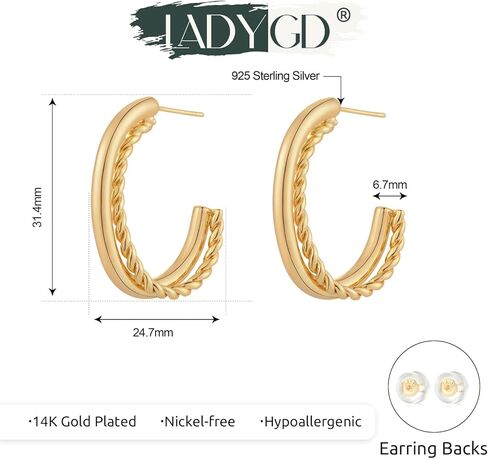 Chunky Open Hoop Earrings for Women 14K Gold Plated Sterling Silver Post Twisted Rope Earring Jewelry Gift in Kuwait