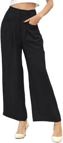 سروال Genhoo واسع الساق للنساء، بنطلون كاجوال للعمل عالي الخصر، بخصر مطاطي في الخلف، سروال Palazzo in Kuwait